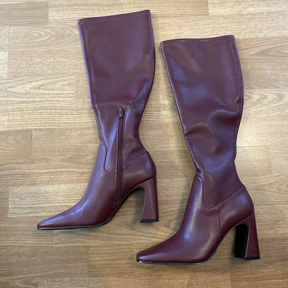 Steve Madden Womens Lamarca Knee High Block-Heel Stretch Boots Burgundy 8 New